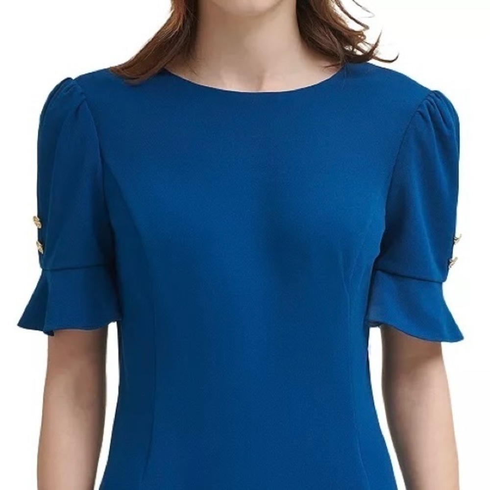 DKNY Button Sleeve Flounce Fit & Flare Dress in Blue Size 4 - Picture 5 of 14